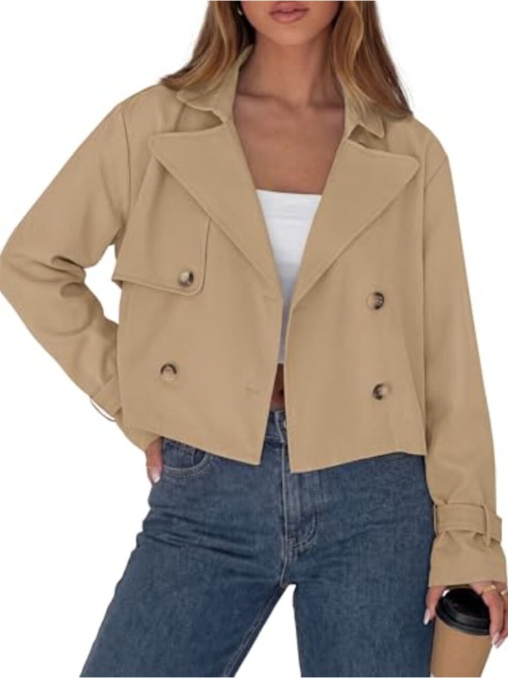 Cropped Trench Coat Women Lightweight Double Breasted Short Jacket